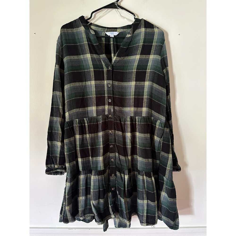 Time and Tru Green Black Plaid Tiered Button Front Mini Dress Womens Large 12-14